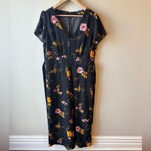 Modcloth Black Floral V-Neck Jumpsuit with Pink and Mustard Blooms Size XL